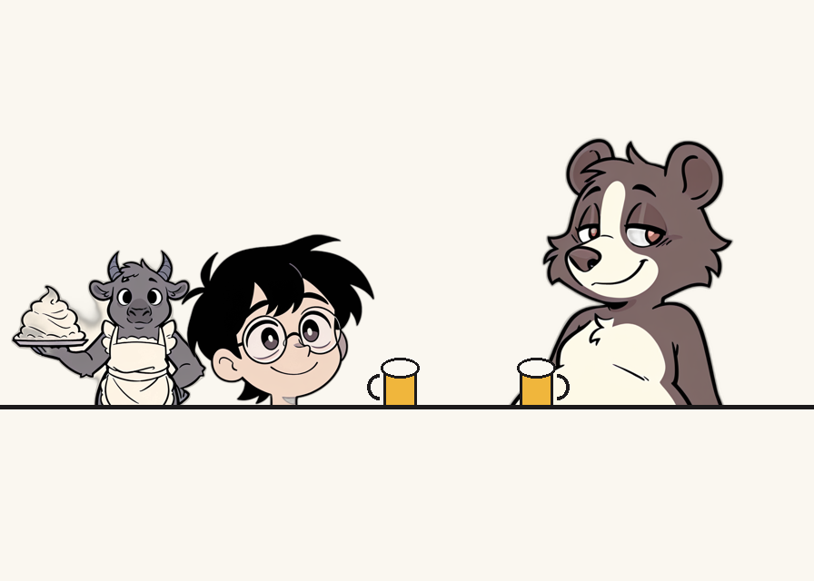 The bear looks at the man across the table
