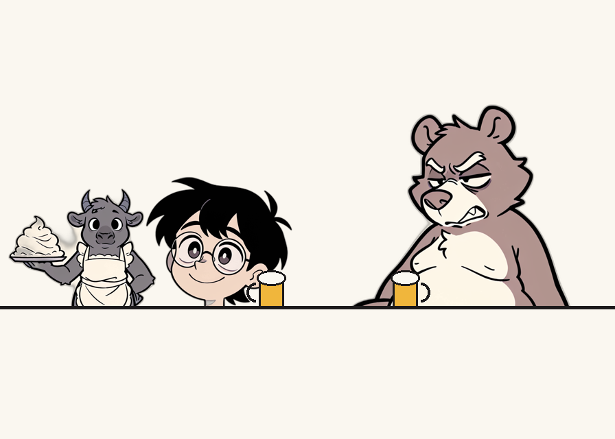 The man speaks up; the bear glances sideways