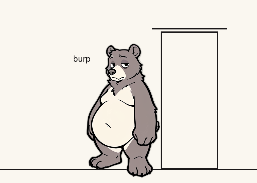 The bear sits alone at the table